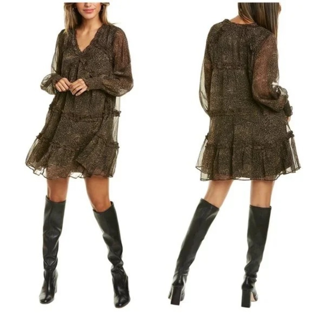 Walter Baker Gabriella Mini Dress Nala Leopard Animal Print Tiered Ruffle Small